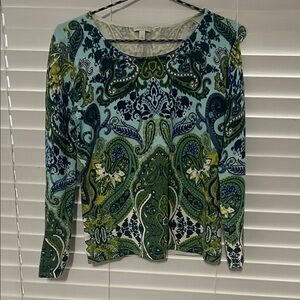 Talbots Green and Blue Paisley Long Sleeve Sweater
